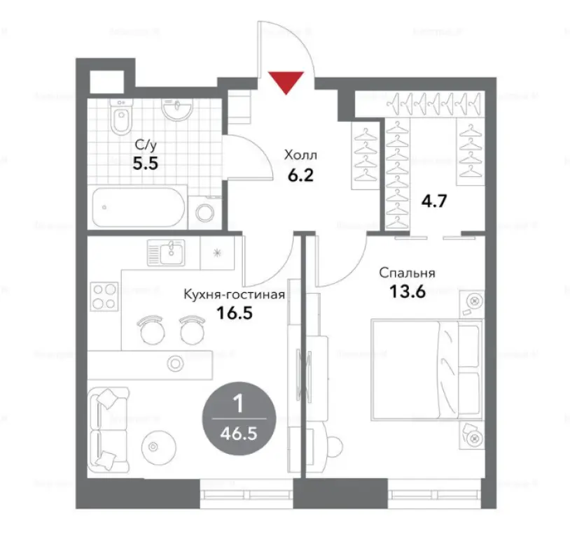 1-комн. квартира, 46.50 м2, 18 этаж - Жилой комплекс Voxhall (Воксхолл)