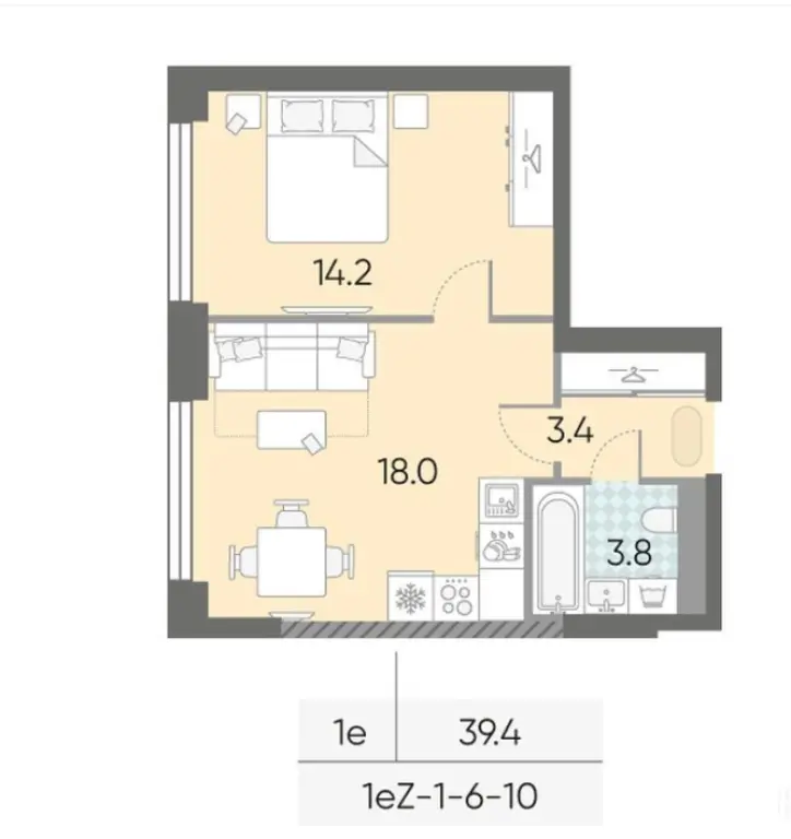 1-комн. квартира, 39.42 м2, 9 этаж - ЖК «ЗИЛАРТ»
