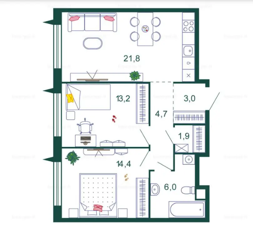 2-комн. квартира, 65.00 м2, 17 этаж - Жилой квартал Shagal (Шагал)