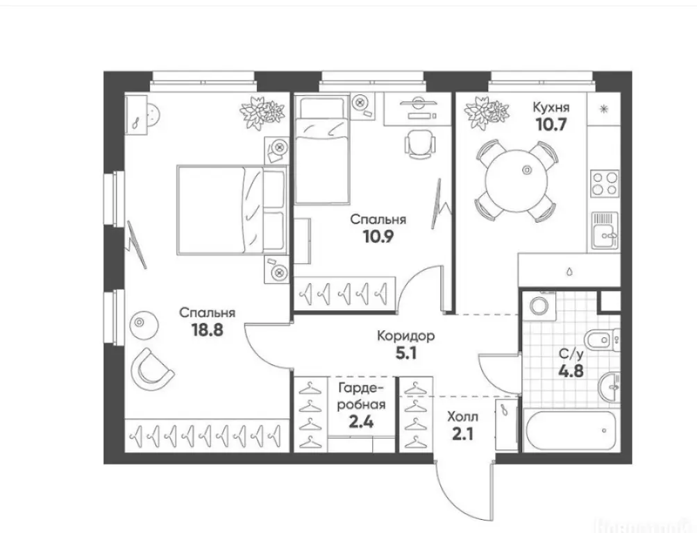 2-комн. квартира, 54.80 м2, 2 этаж - Жилой квартал Shagal (Шагал)