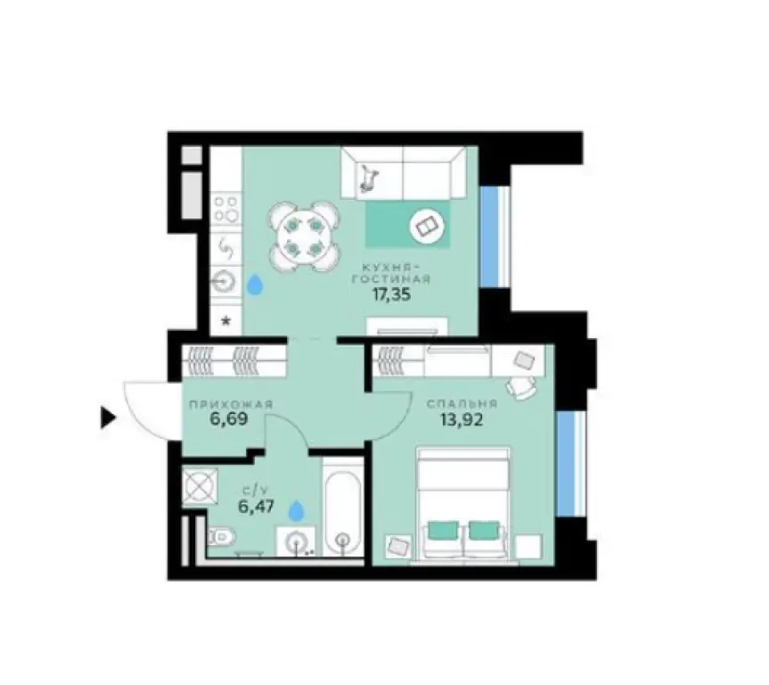 Квартира от застройщика Сбер Сити - 1-комн. квартира, 44.43 м2, 1 этаж
