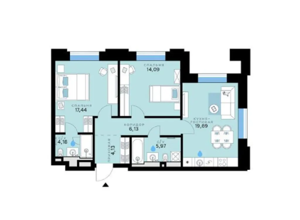 СберСити - 2-комн. квартира, 71.63 м2, 1 этаж