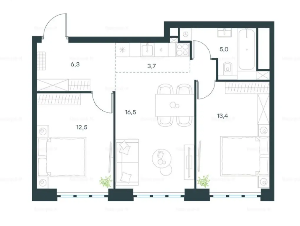 3-комн. квартира, 57.40 м2, 46 этаж - Левел Южнопортовая