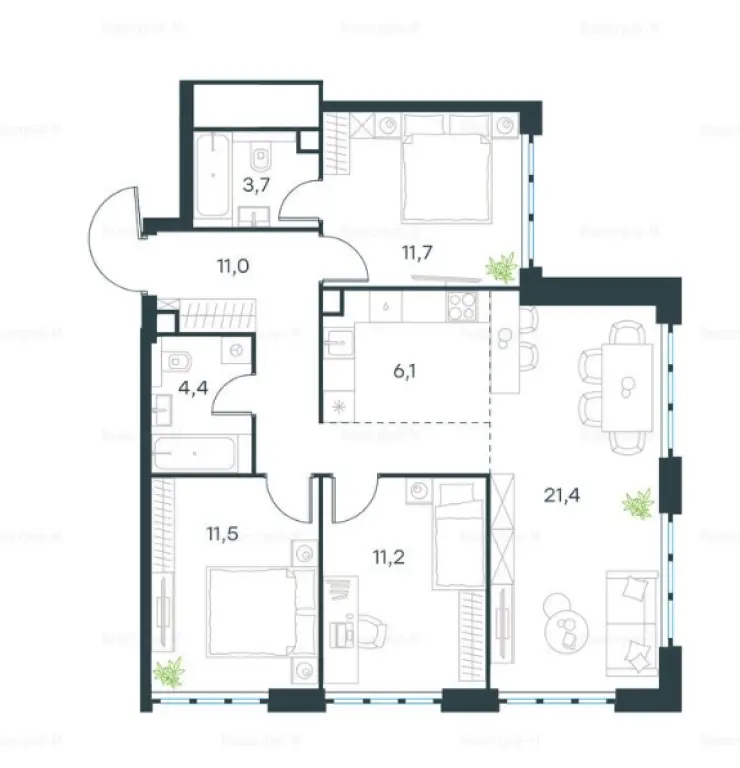 4-комн. квартира, 81.00 м2, 46 этаж - Левел Южнопортовая