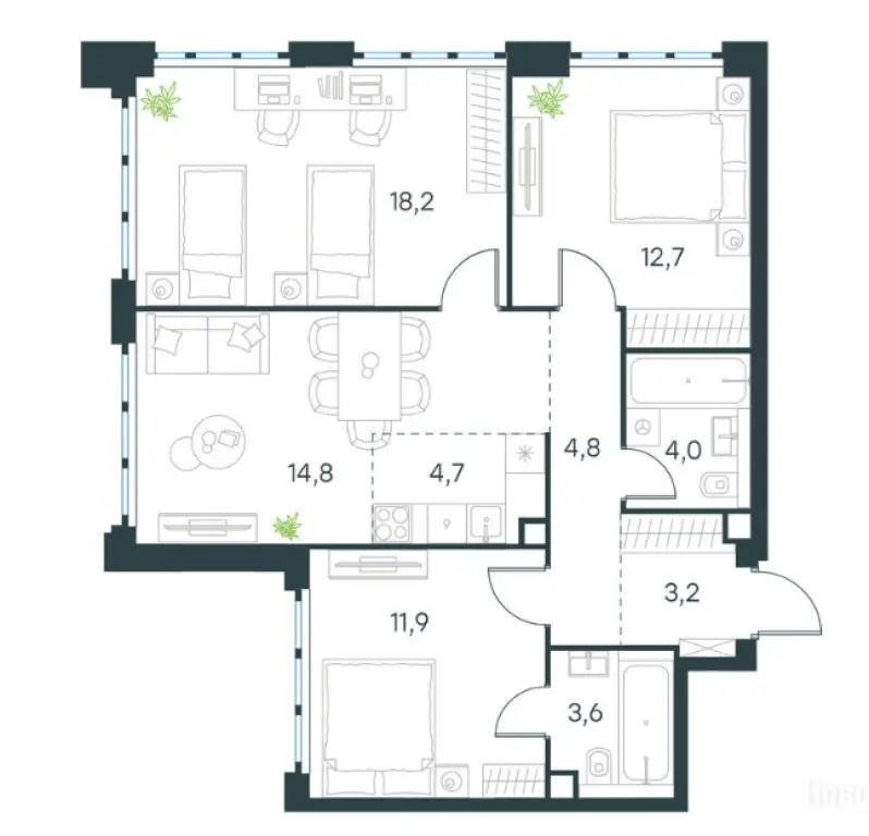 4-комн. квартира, 77.90 м2, 63 этаж - Левел Южнопортовая